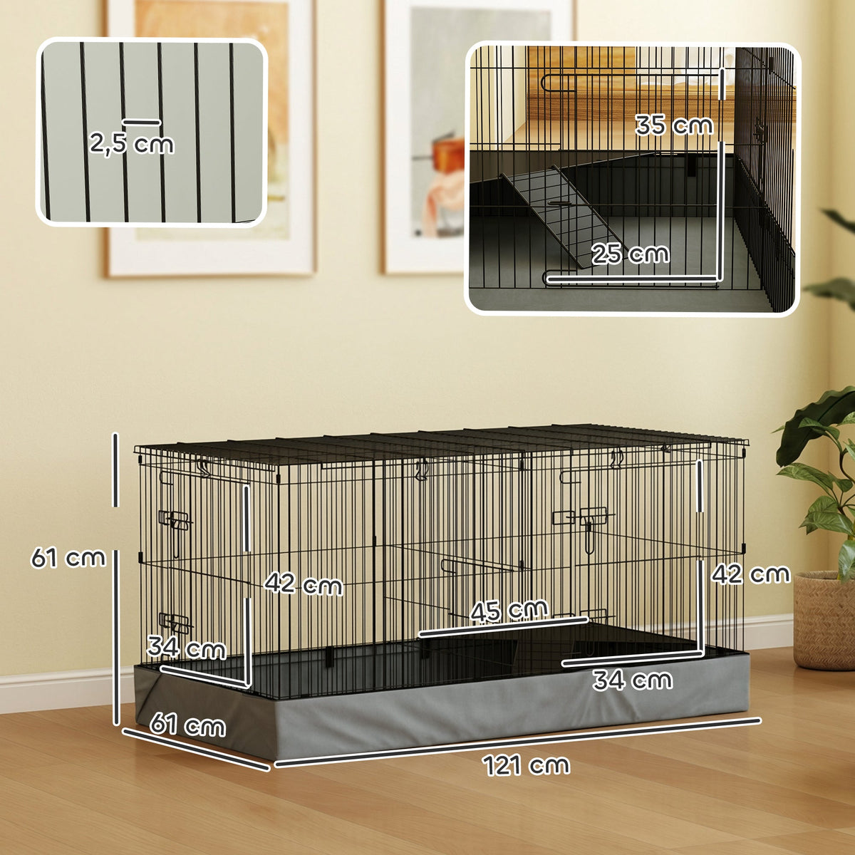 Cage pour petits animaux 2 en 1 avec dessus amovible enclos lapin 2 zones séparées rampe 121 x 61 x 61 cm en acier noir - Alma Nova Care
