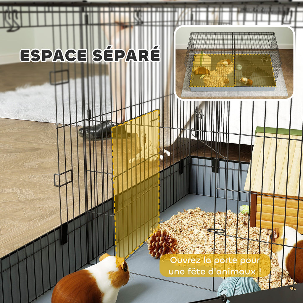 Cage pour petits animaux 2 en 1 avec dessus amovible enclos lapin 2 zones séparées rampe 121 x 61 x 61 cm en acier noir - Alma Nova Care