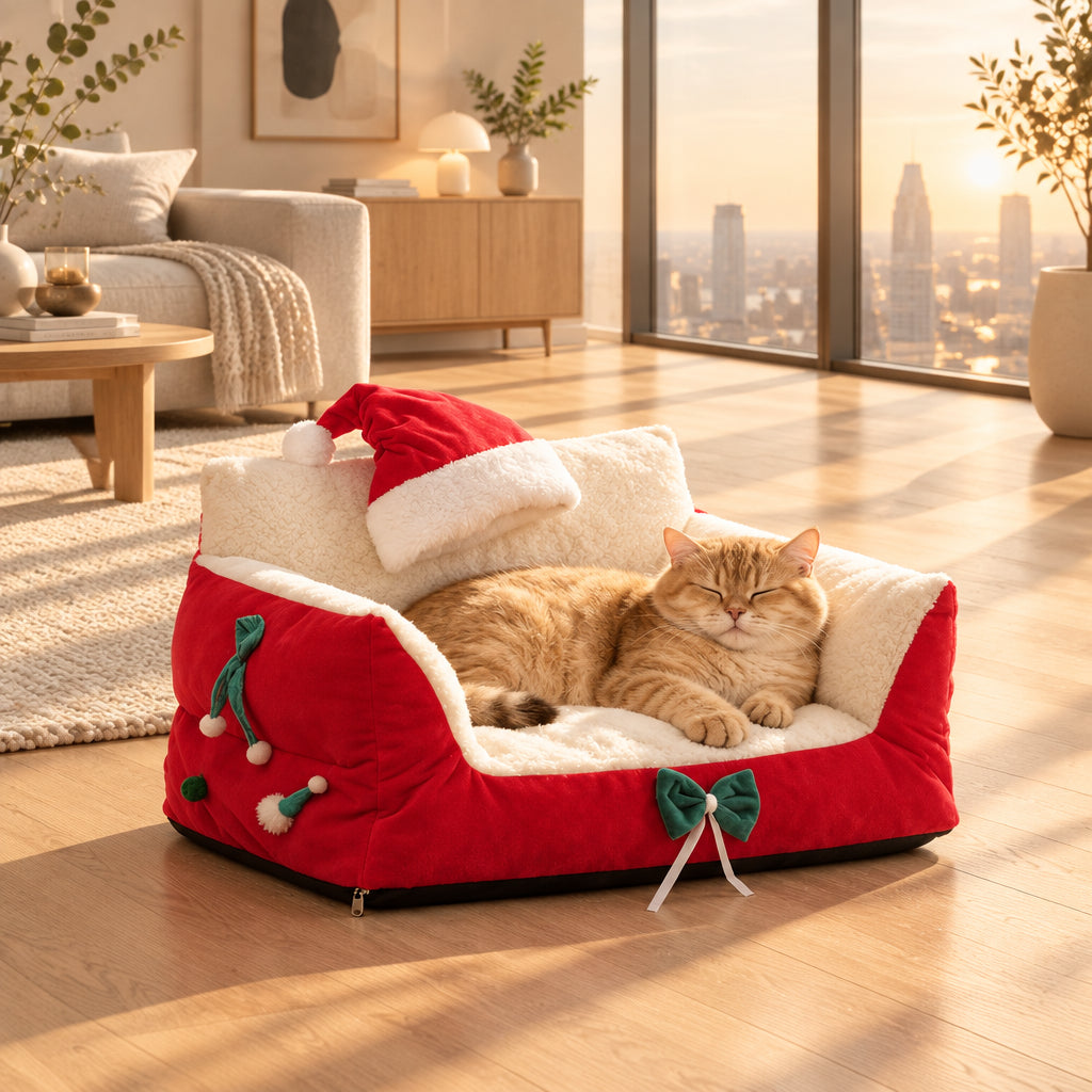 Christmas Warm Cat Bed Deep Sleep Semi-Closed Winter Dog House Washable Plush Pet Nest Holiday Gift for Cats Dogs - Alma Nova Care