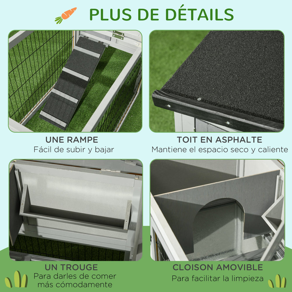 Clapier de sol cage à lapin cottage niche supérieure avec rampe enclos extérieur 150 x 52 x 68 cm gris - Alma Nova Care