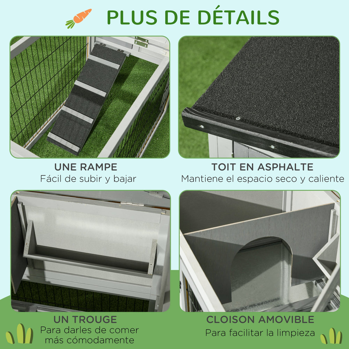 Clapier de sol cage à lapin cottage niche supérieure avec rampe enclos extérieur 150 x 52 x 68 cm gris - Alma Nova Care