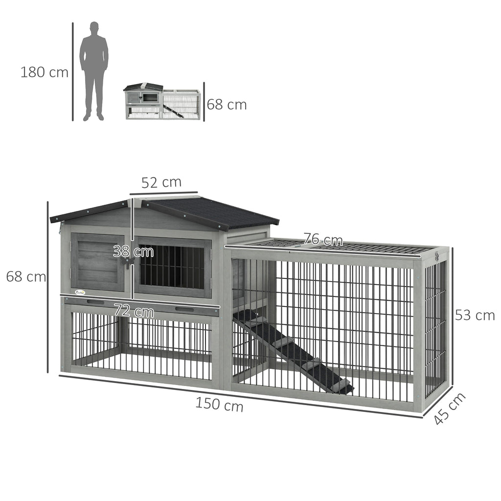 Clapier de sol cage à lapin cottage niche supérieure avec rampe enclos extérieur 150 x 52 x 68 cm gris - Alma Nova Care