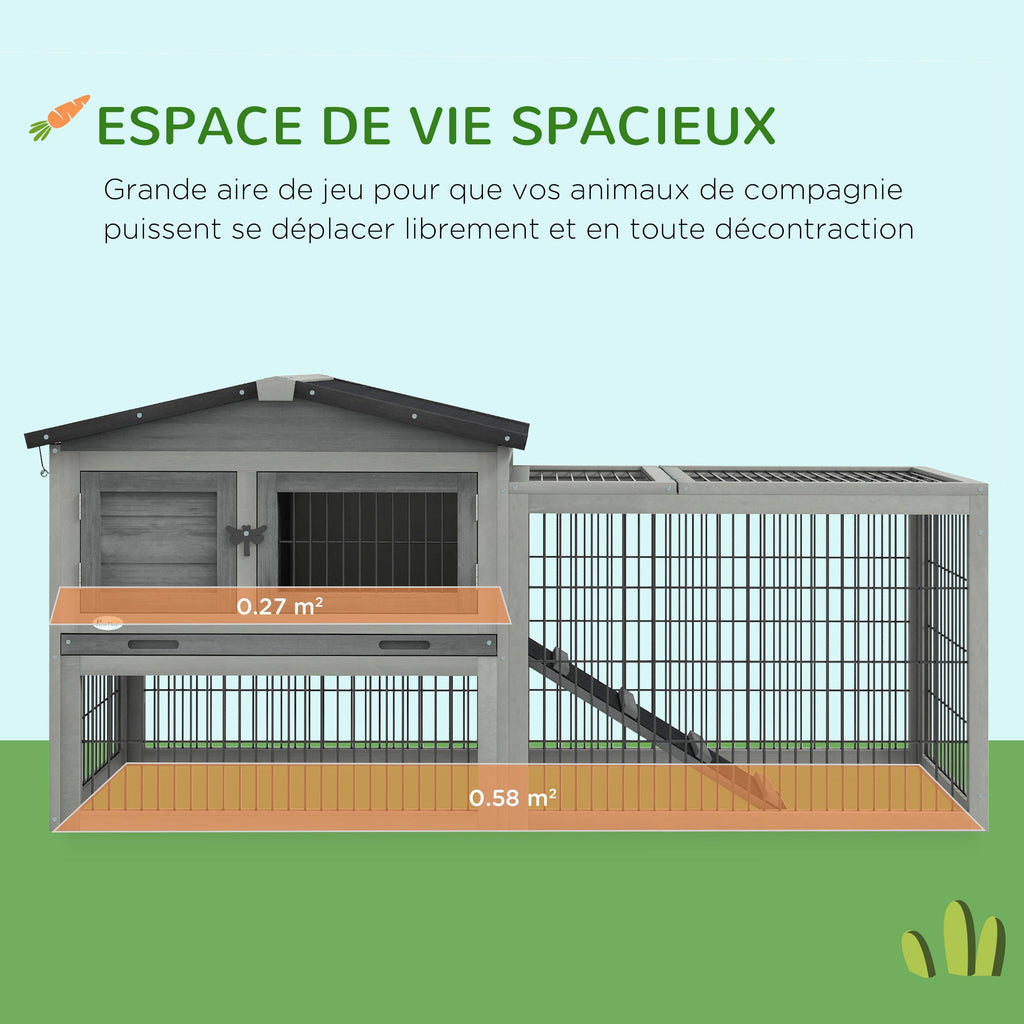 Clapier de sol cage à lapin cottage niche supérieure avec rampe enclos extérieur 150 x 52 x 68 cm gris - Alma Nova Care