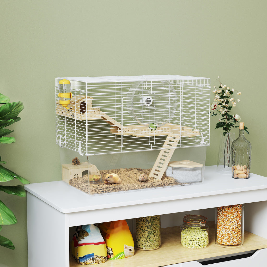 Hamsterkooi met 3 verdiepingen, knaagdierkooi met loopwiel, transparante diepe onderbak, 59 x 35,5 x 47 cm, wit