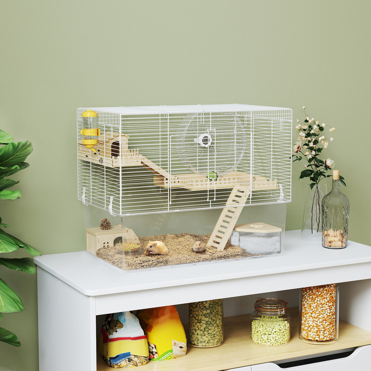 Hamsterkooi met 3 verdiepingen, knaagdierkooi met loopwiel, transparante diepe onderbak, 59 x 35,5 x 47 cm, wit