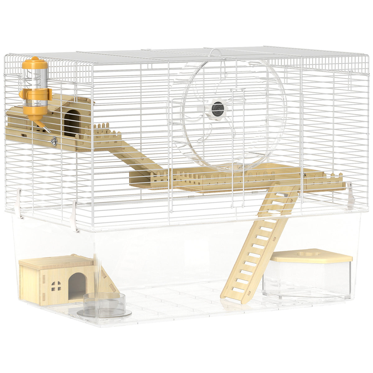 Hamsterkooi met 3 verdiepingen, knaagdierkooi met loopwiel, transparante diepe onderbak, 59 x 35,5 x 47 cm, wit