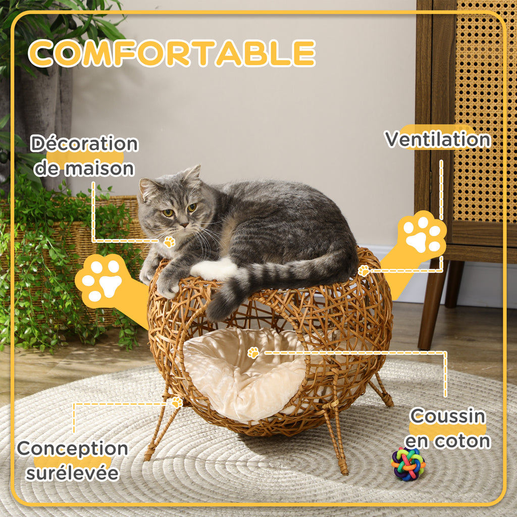 Niche pour chat lit pour chat panier chat maison de chat en rotin coussin épais Ø 40 x 32 cm marron clair