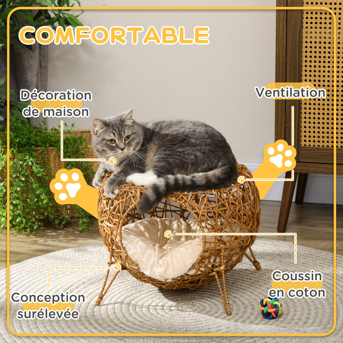 Kattenmand kattenbed kattenhuis rotan kattenhuis dik kussen Ø 40 x 32 cm lichtbruin
