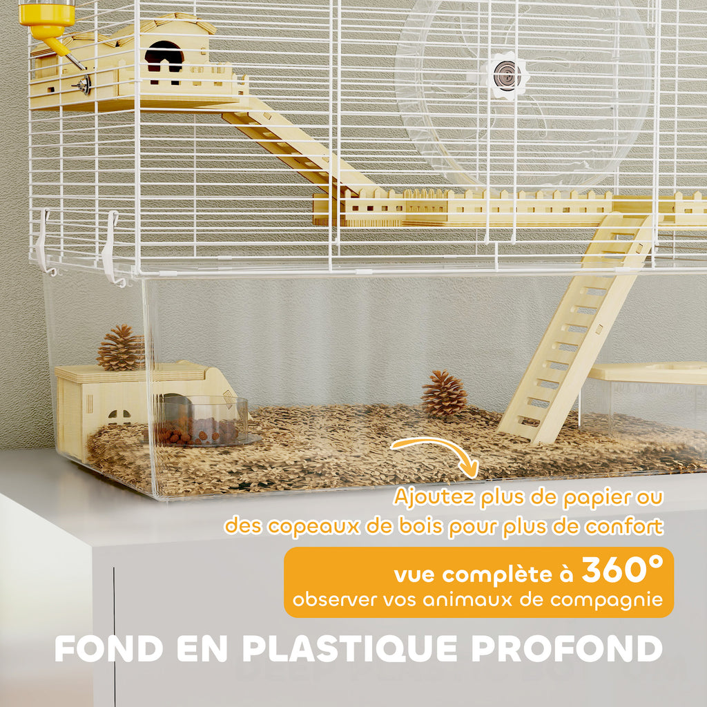 Hamsterkooi met 3 verdiepingen, knaagdierkooi met loopwiel, transparante diepe onderbak, 59 x 35,5 x 47 cm, wit