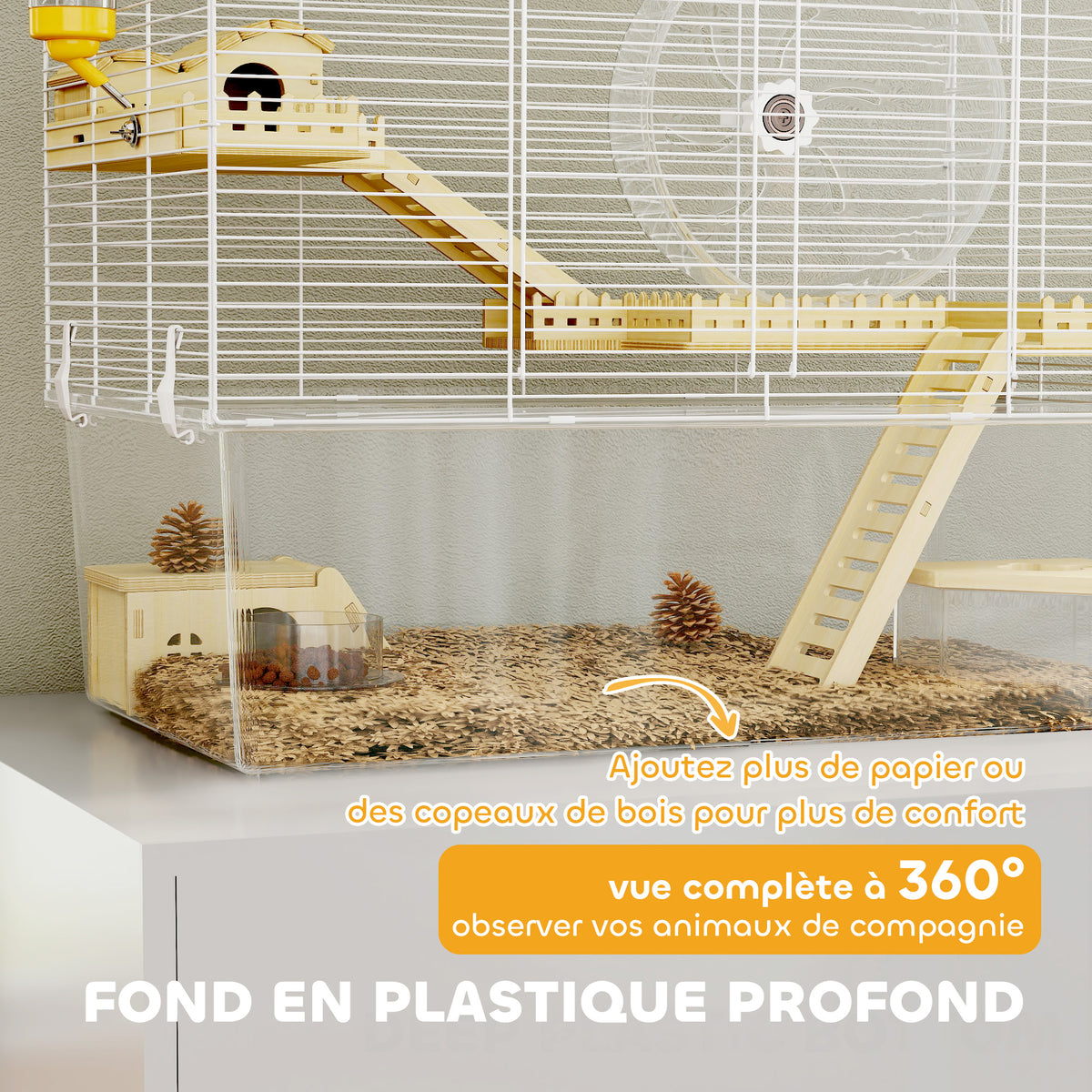 Hamsterkooi met 3 verdiepingen, knaagdierkooi met loopwiel, transparante diepe onderbak, 59 x 35,5 x 47 cm, wit