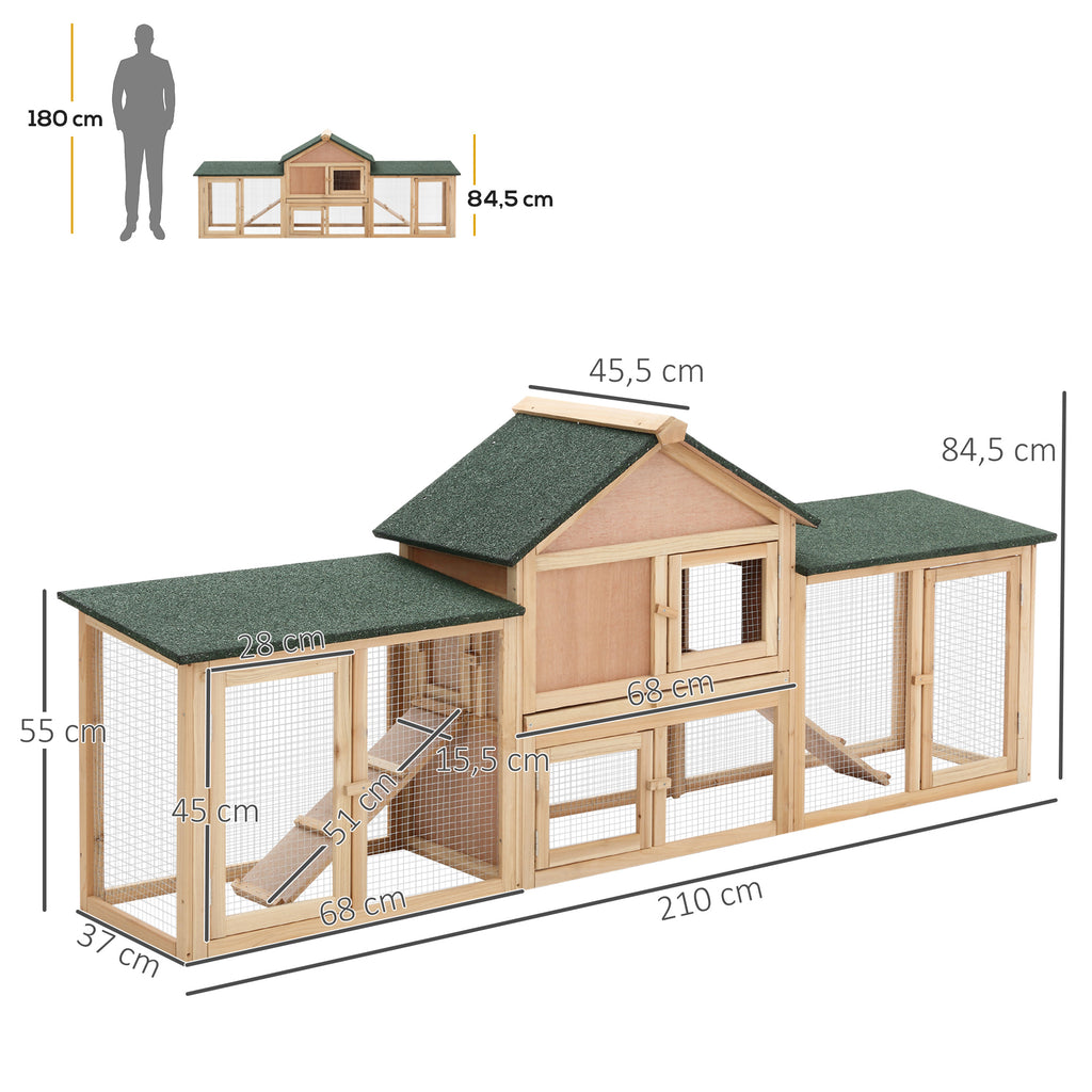 Clapier cage à lapins rongeurs XXL clapier nain 2 étages toit bitumé intégral tiroir déjection 210L x 45,5l x 84,5H cm bois massif pin pré-huilé