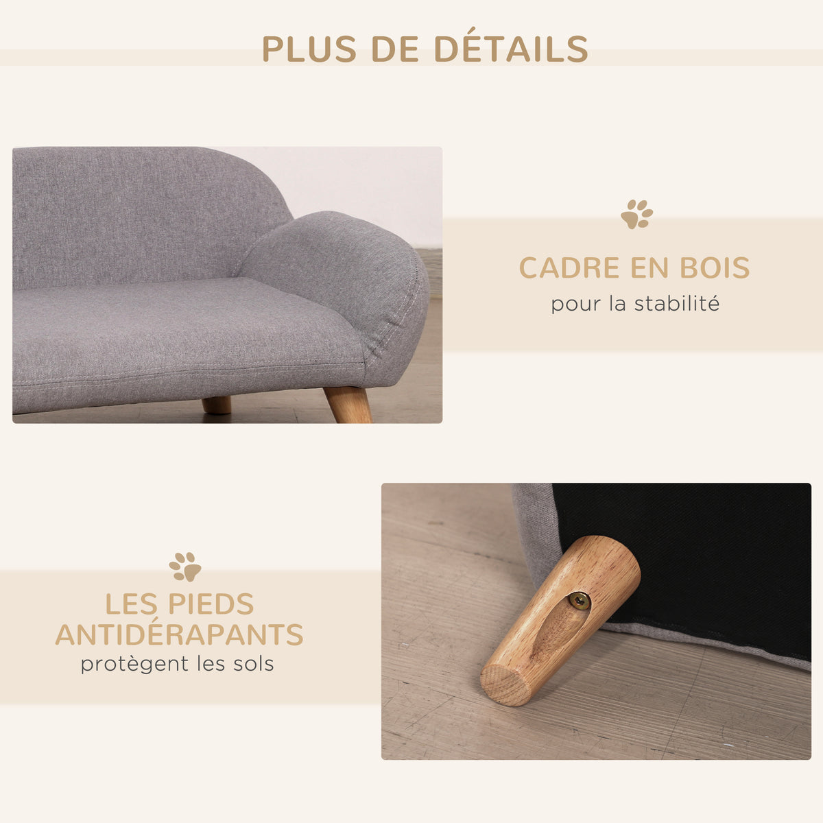 Canapé pour chien canapé pour animal de compagnie pieds effilés en bois revêtement tissu 72 x 44 x 31 cm - gris