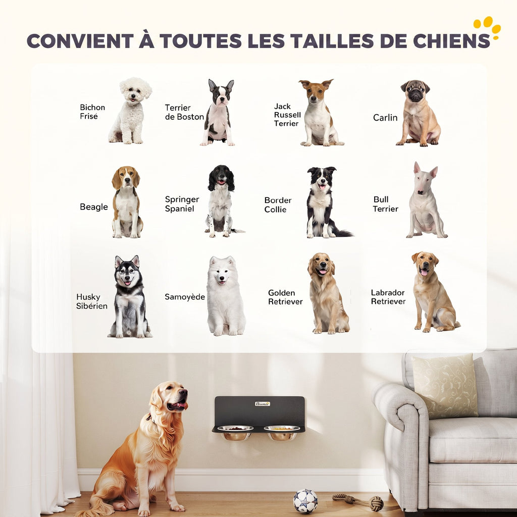 Gamelle Bol pour Chien Double Gamelle Support Mural 2 Bols Acier Inox 800ml Hauteur Réglable 42x23,5x14cm Noir - Alma Nova Care