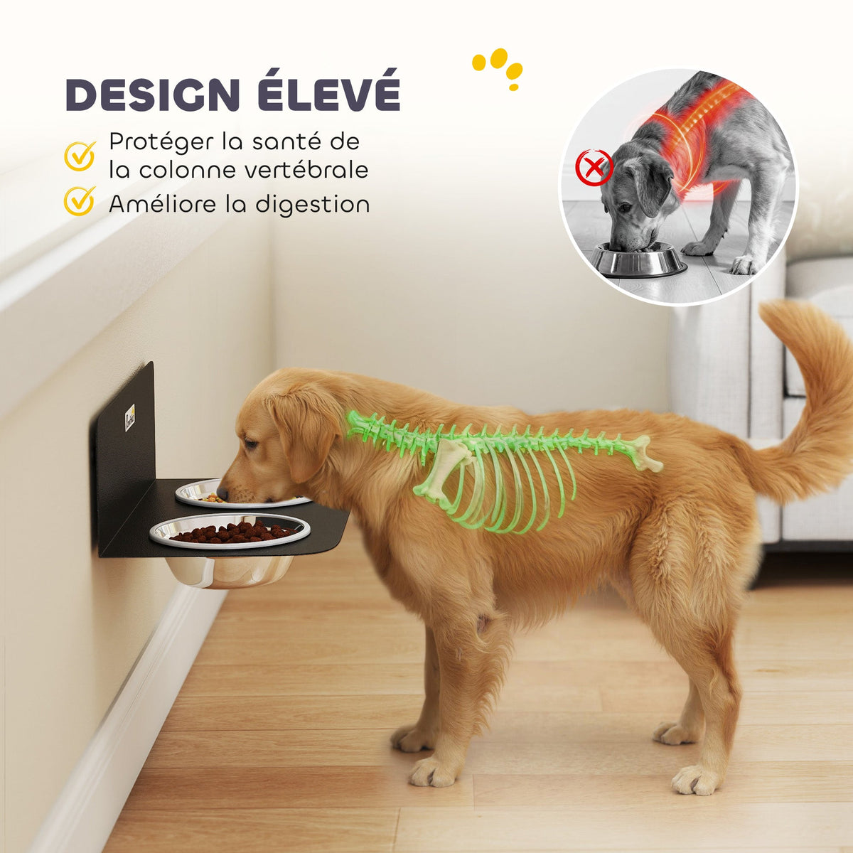 Gamelle Bol pour Chien Double Gamelle Support Mural 2 Bols Acier Inox 800ml Hauteur Réglable 42x23,5x14cm Noir - Alma Nova Care