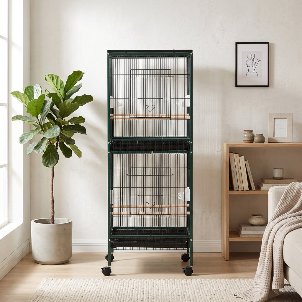 Grande Cage à Oiseaux sur pied double avec mangeoires perchoirs plateau amovible roulettes - Dim. 51,5L x 50l x 140H cm - Alma Nova Care