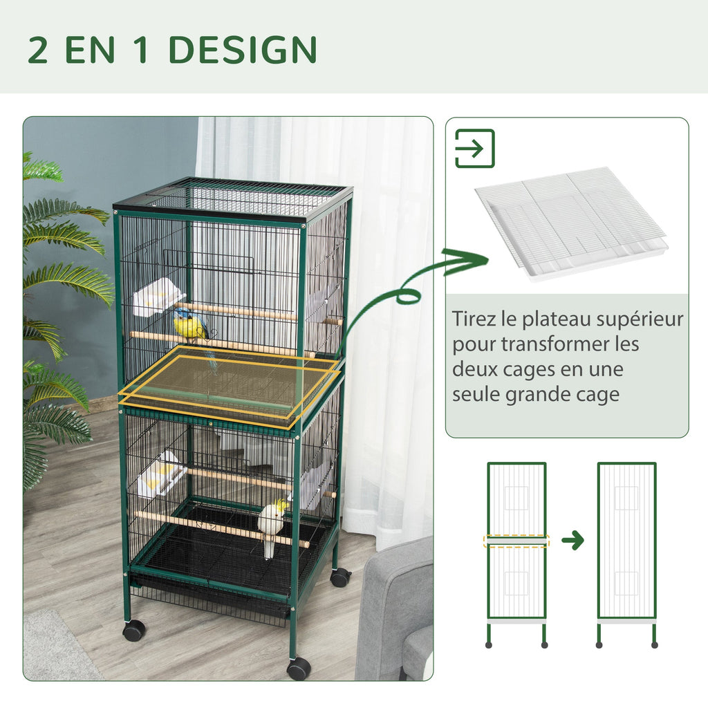 Grande Cage à Oiseaux sur pied double avec mangeoires perchoirs plateau amovible roulettes - Dim. 51,5L x 50l x 140H cm - Alma Nova Care