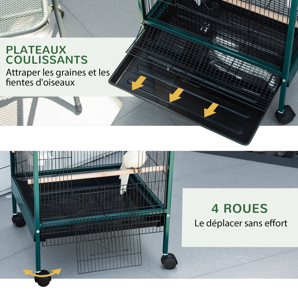 Grande Cage à Oiseaux sur pied double avec mangeoires perchoirs plateau amovible roulettes - Dim. 51,5L x 50l x 140H cm - Alma Nova Care