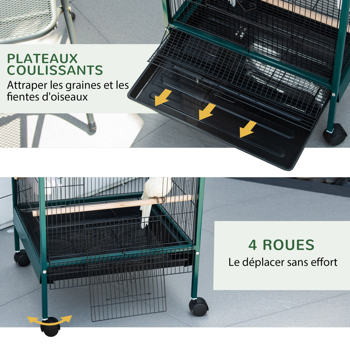 Grande Cage à Oiseaux sur pied double avec mangeoires perchoirs plateau amovible roulettes - Dim. 51,5L x 50l x 140H cm - Alma Nova Care
