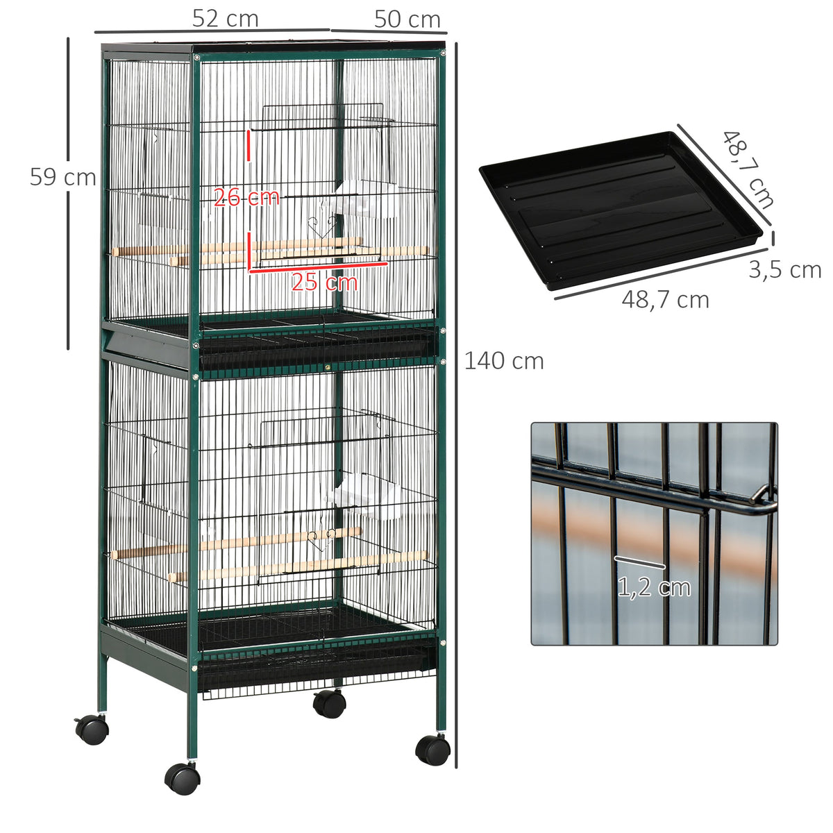 Grande Cage à Oiseaux sur pied double avec mangeoires perchoirs plateau amovible roulettes - Dim. 51,5L x 50l x 140H cm - Alma Nova Care