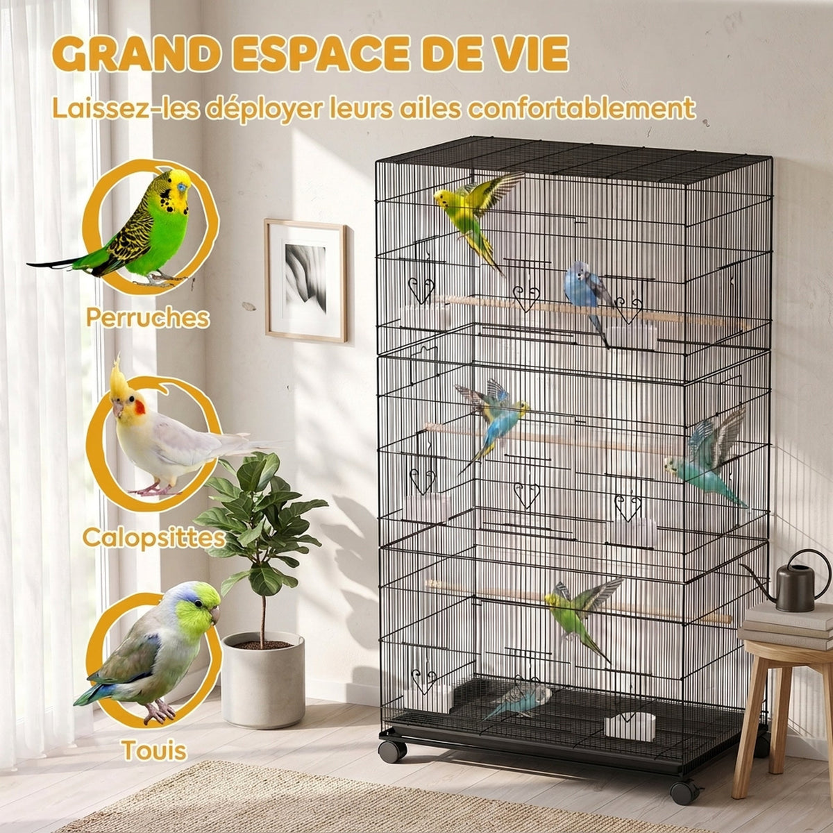Grande Cage à Oiseaux sur Roulettes en Acier, Plateau Amovible, Portes, Perchoirs, Mangeoires, 77x46,5x141cm, Noir - Alma Nova Care