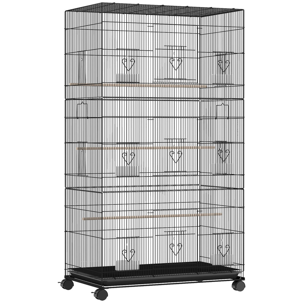 Grande Cage à Oiseaux sur Roulettes en Acier, Plateau Amovible, Portes, Perchoirs, Mangeoires, 77x46,5x141cm, Noir - Alma Nova Care