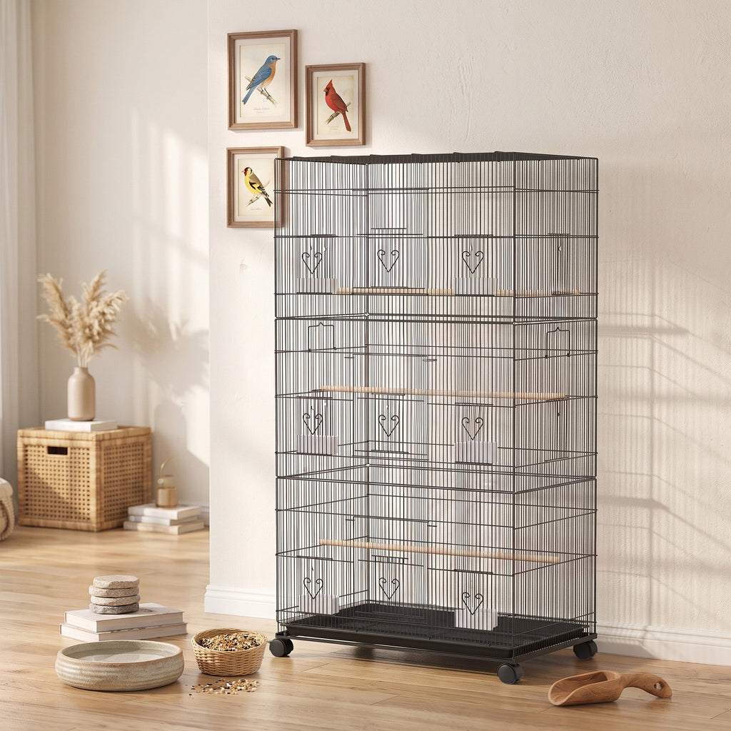 Grande Cage à Oiseaux sur Roulettes en Acier, Plateau Amovible, Portes, Perchoirs, Mangeoires, 77x46,5x141cm, Noir - Alma Nova Care