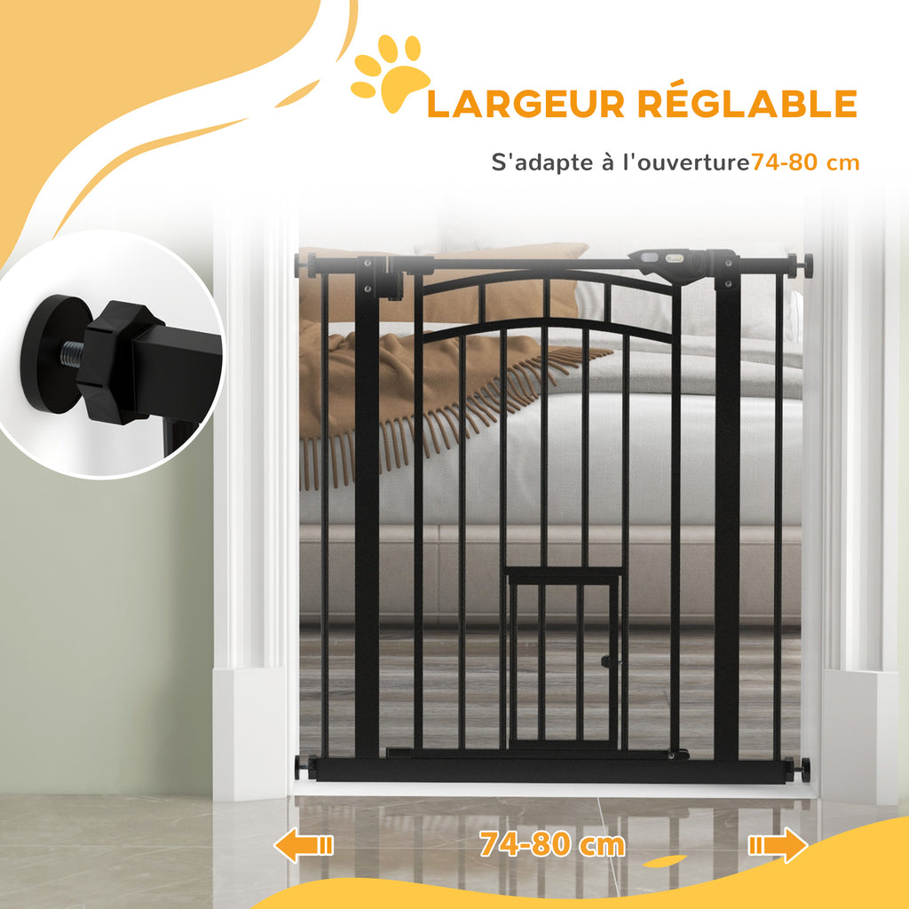 Barrière de sécurité animaux chien porte fermeture automatique sans perçage de 74 à 80 cm acier noir