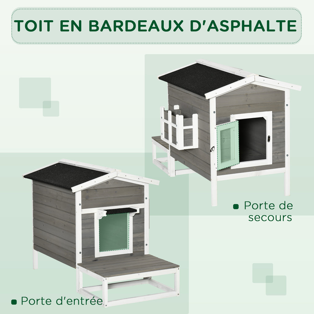 Maisonnette pour chats niche extérieure surélevé avec terrasse étanche en bois, dim. 115L x 66,5P x 74,7H cm, gris