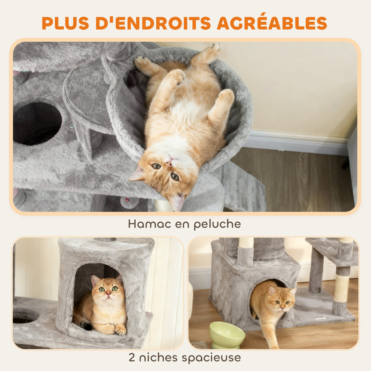 Krabpaal speeltoren 7 krabpalen 3 platforms 2 huisjes tunnel hangmat en 2 pluche balletjes 170 cm donkergrijs