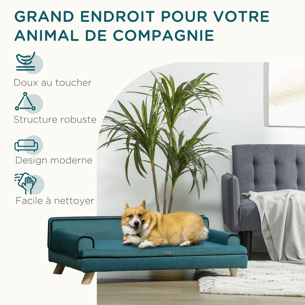 Design Scandinavisch honden- en kattenbankje, zacht uitneembaar kussen, poten van massief hout, 100 x 62 x 32 cm, eendeblauw