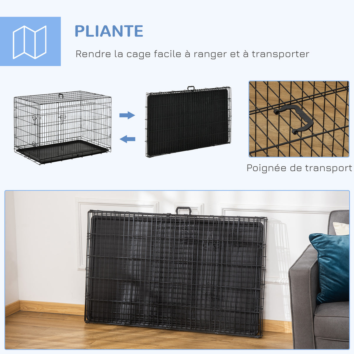 Cage caisse de transport pliante pour chien en acier 2 portes verrouillables 106L x 71,5l x 76H cm noir