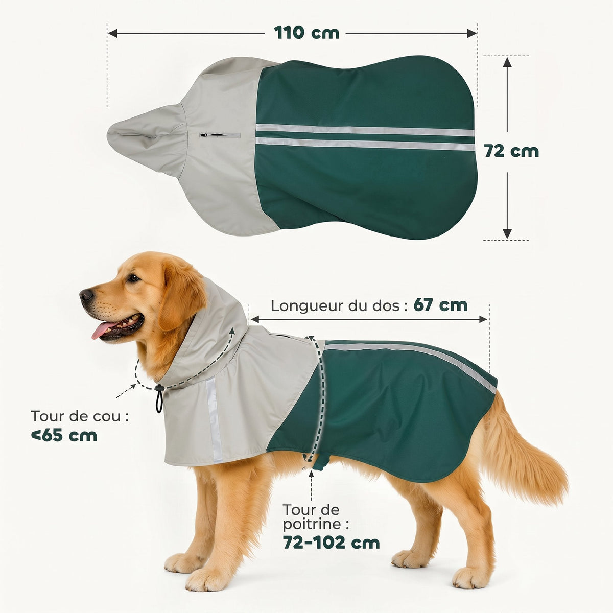 Imperméable pour Chien avec Capuche, Bandes Réfléchissantes, Ouverture pour Laisse, 110x72x0,5cm, Vert - Alma Nova Care