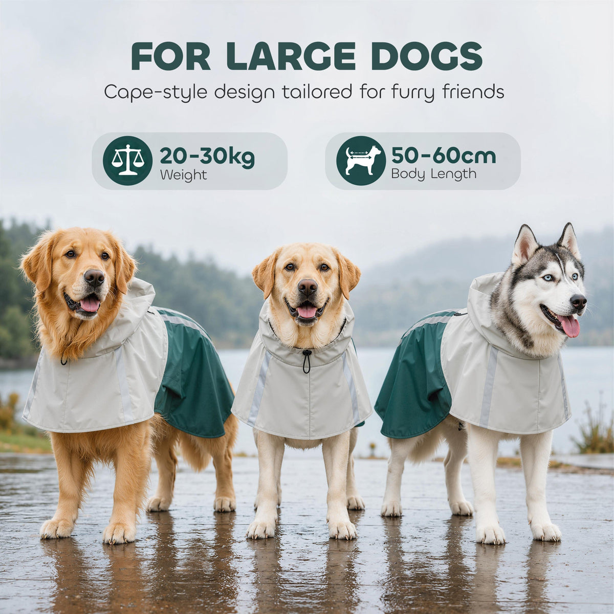 Imperméable pour Chien avec Capuche, Bandes Réfléchissantes, Ouverture pour Laisse, 110x72x0,5cm, Vert - Alma Nova Care