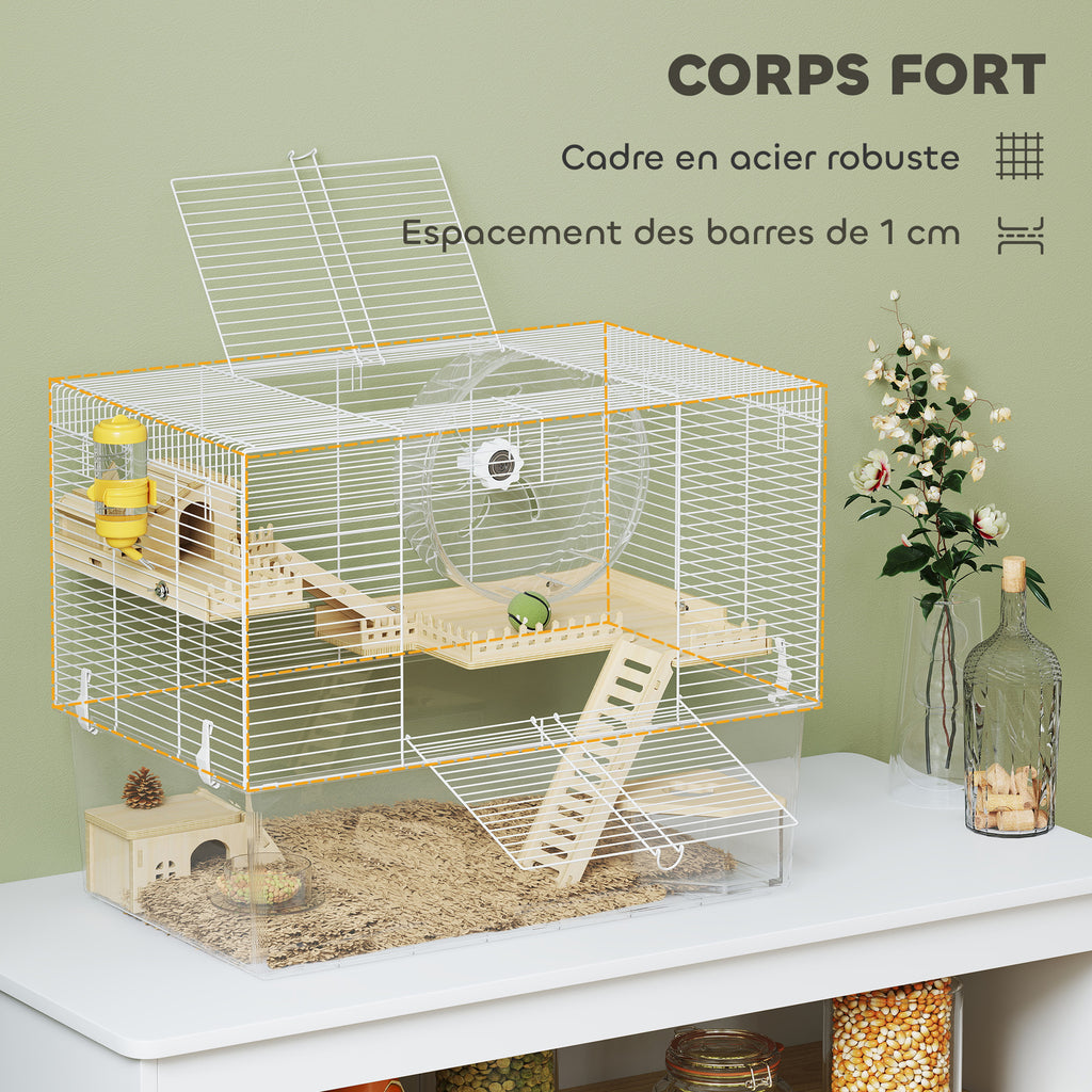 Hamsterkooi met 3 verdiepingen, knaagdierkooi met loopwiel, transparante diepe onderbak, 59 x 35,5 x 47 cm, wit