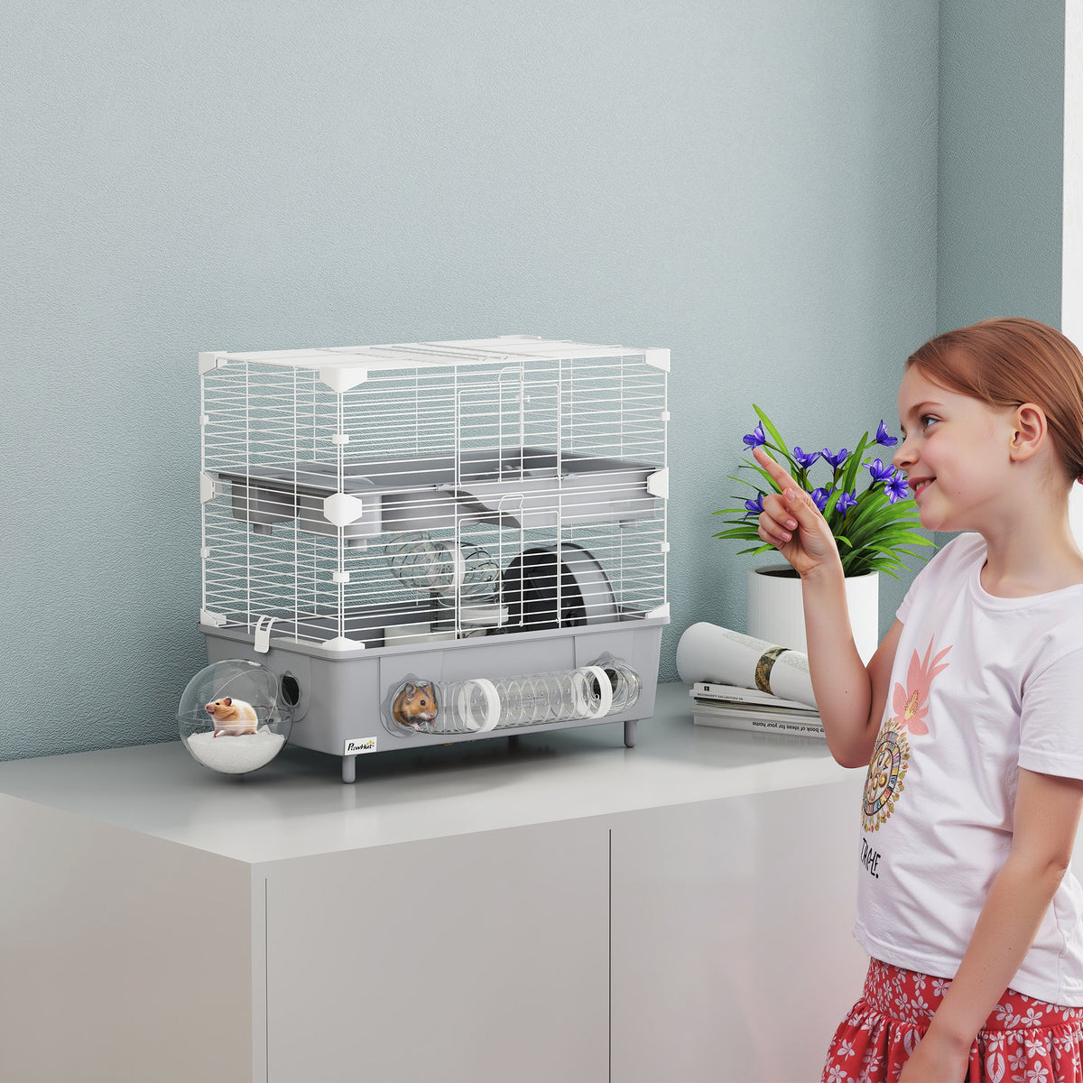 Cage pour hamster  à 2 niveaux avec roue de course salle de bain en sable pour hamster nain 44,5 x 28 x 44 cm gris