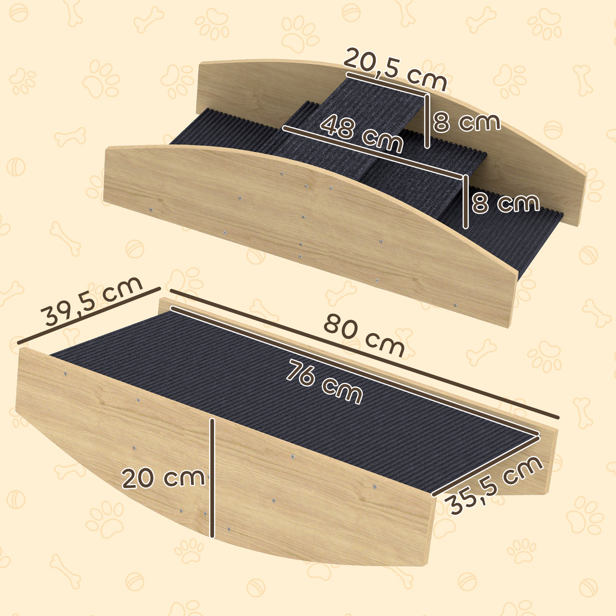 Omkeerbare wankelplank voor honden agility 2-in-1 hondentrap met 3 treden van hout 80x39,5x20cm, naturel hout