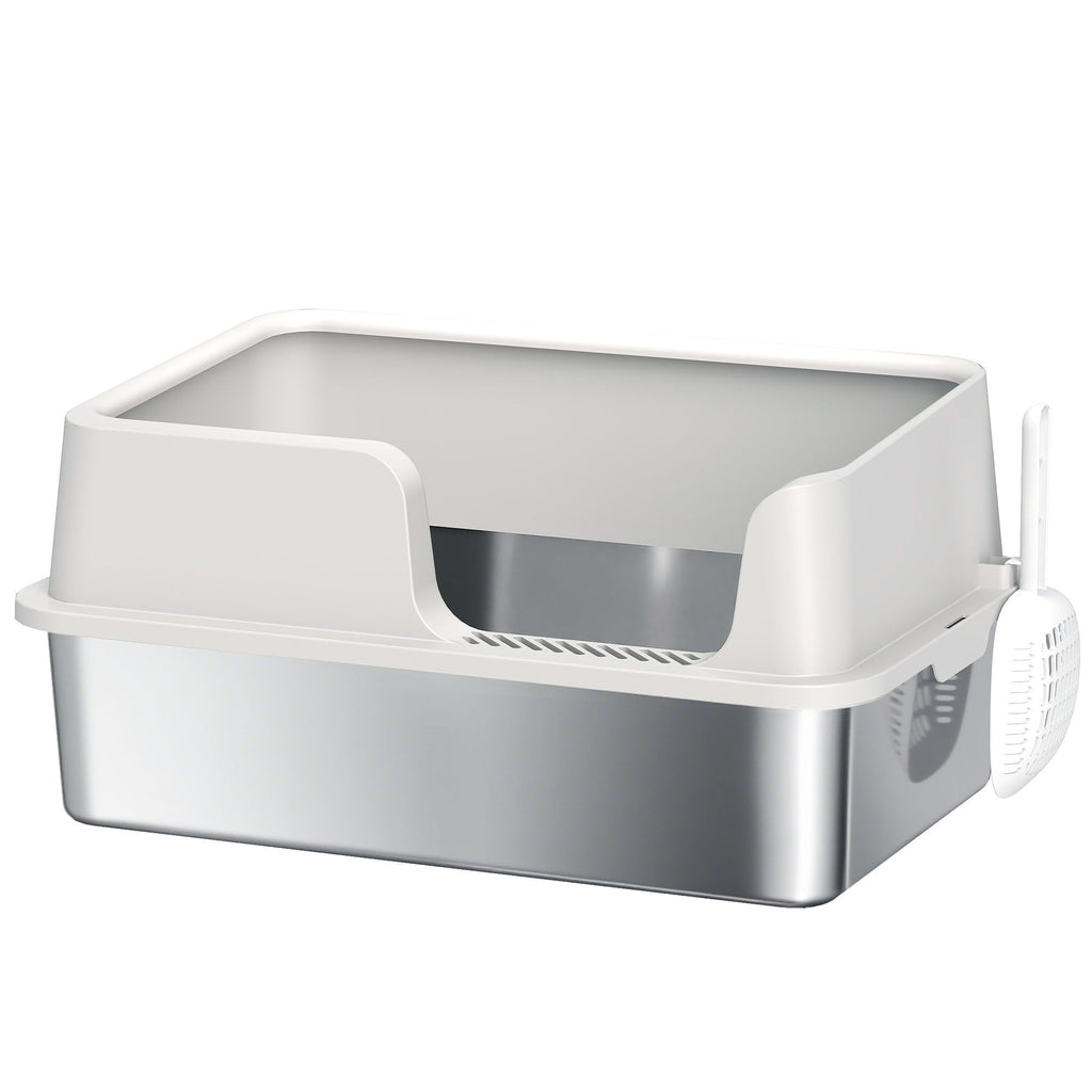 Litière pour chat, bac à litière en acier inoxydable avec côtés hauts pelle nettoyage facile 60 x 40 x 28 cm gris clair - Alma Nova Care