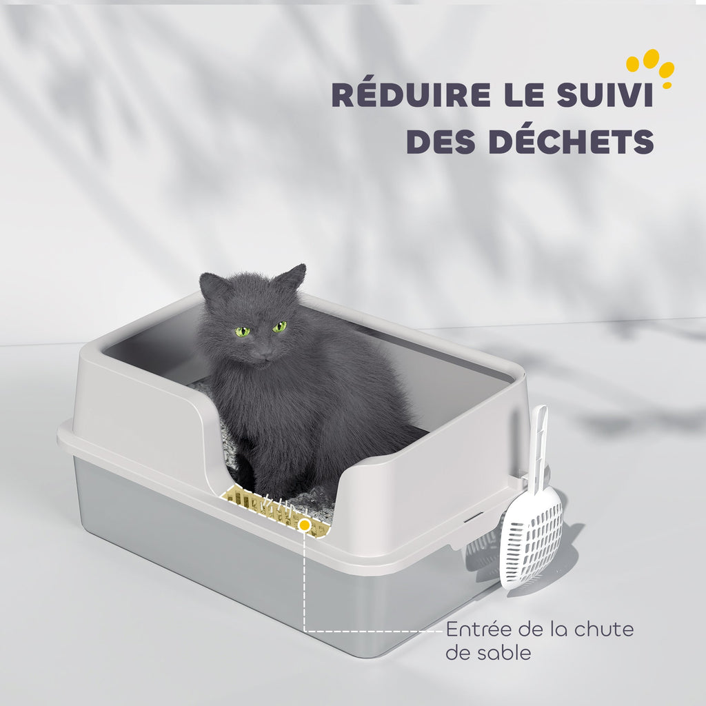 Litière pour chat, bac à litière en acier inoxydable avec côtés hauts pelle nettoyage facile 60 x 40 x 28 cm gris clair - Alma Nova Care