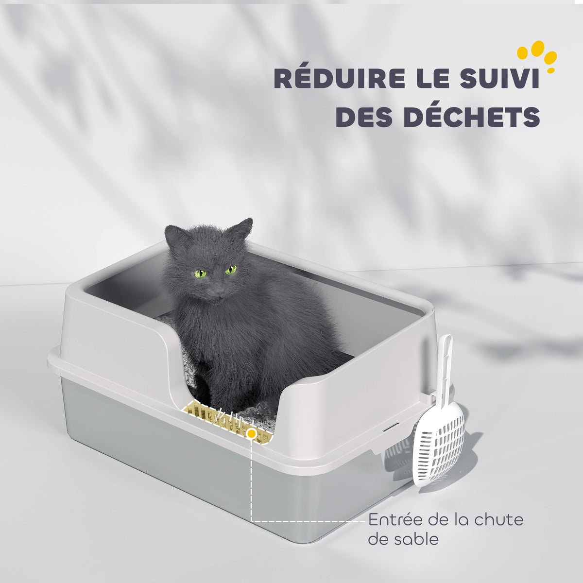 Litière pour chat, bac à litière en acier inoxydable avec côtés hauts pelle nettoyage facile 60 x 40 x 28 cm gris clair - Alma Nova Care