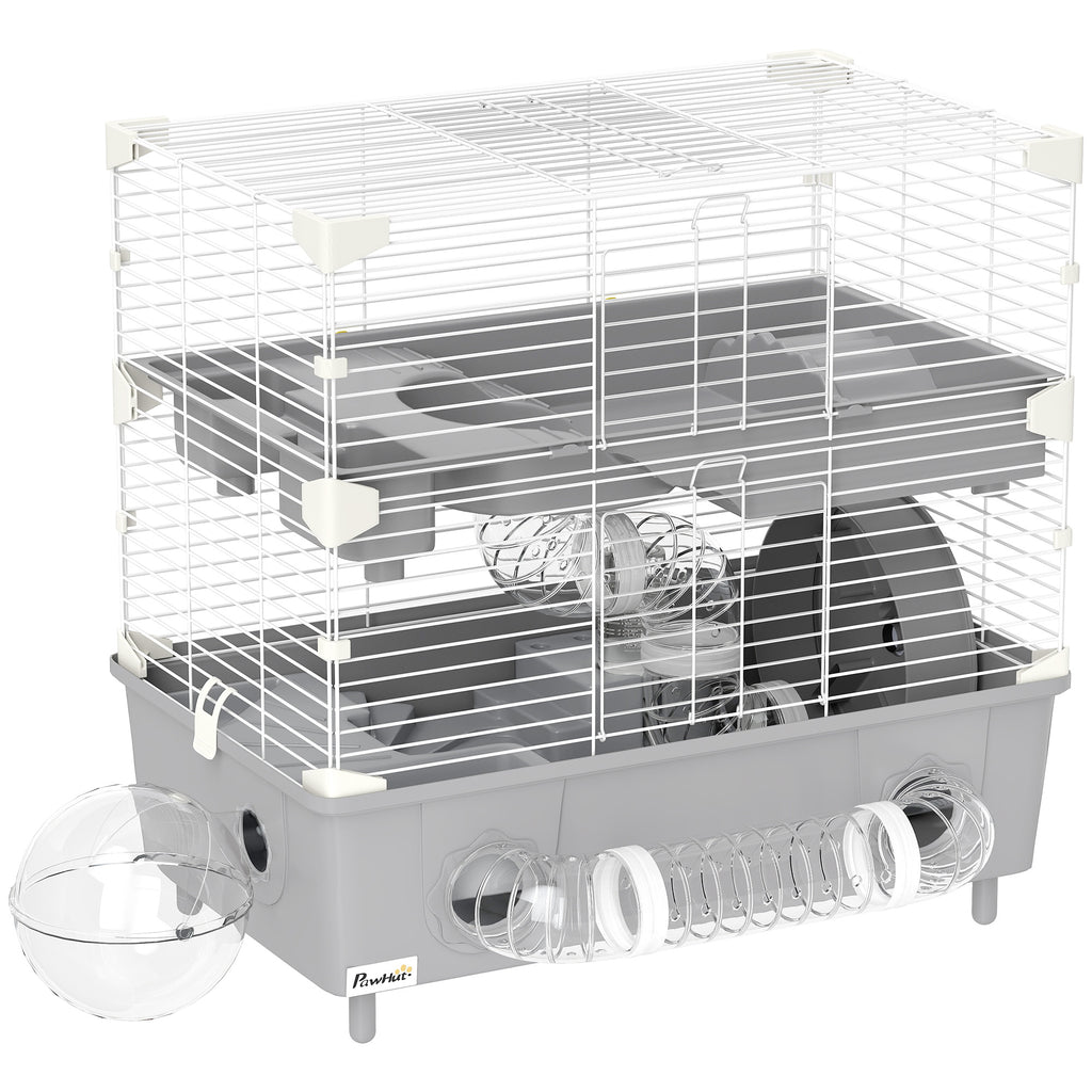 Cage pour hamster  à 2 niveaux avec roue de course salle de bain en sable pour hamster nain 44,5 x 28 x 44 cm gris