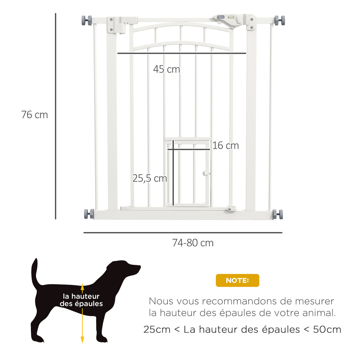 Veiligheidshek voor honden, zelfsluitend, zonder boren, 74 tot 80 cm, zwart staal