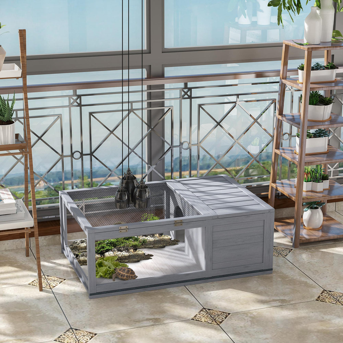 Maison enclos cage habitat pour petit animal tortues avec 2 espaces 91 x 60,5 x 32 cm bois massif gris - Alma Nova Care
