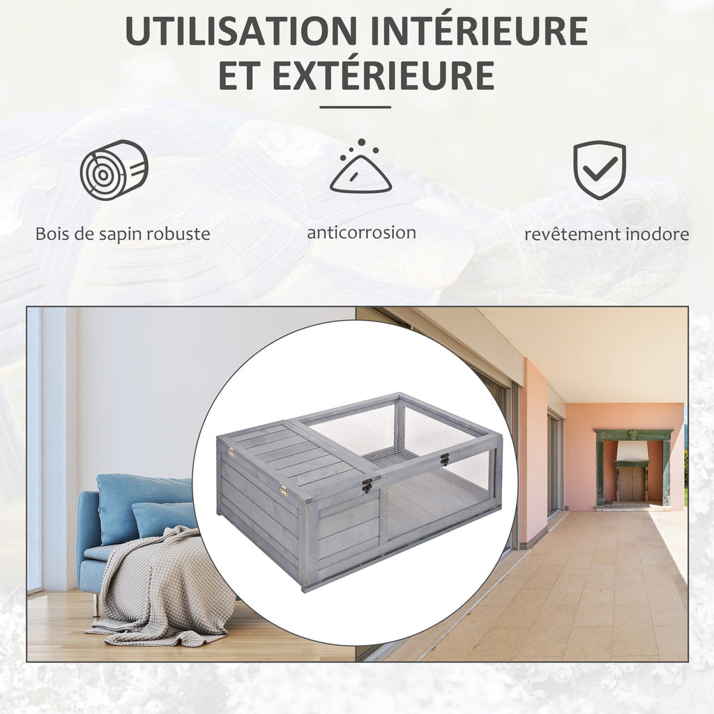 Maison enclos cage habitat pour petit animal tortues avec 2 espaces 91 x 60,5 x 32 cm bois massif gris - Alma Nova Care