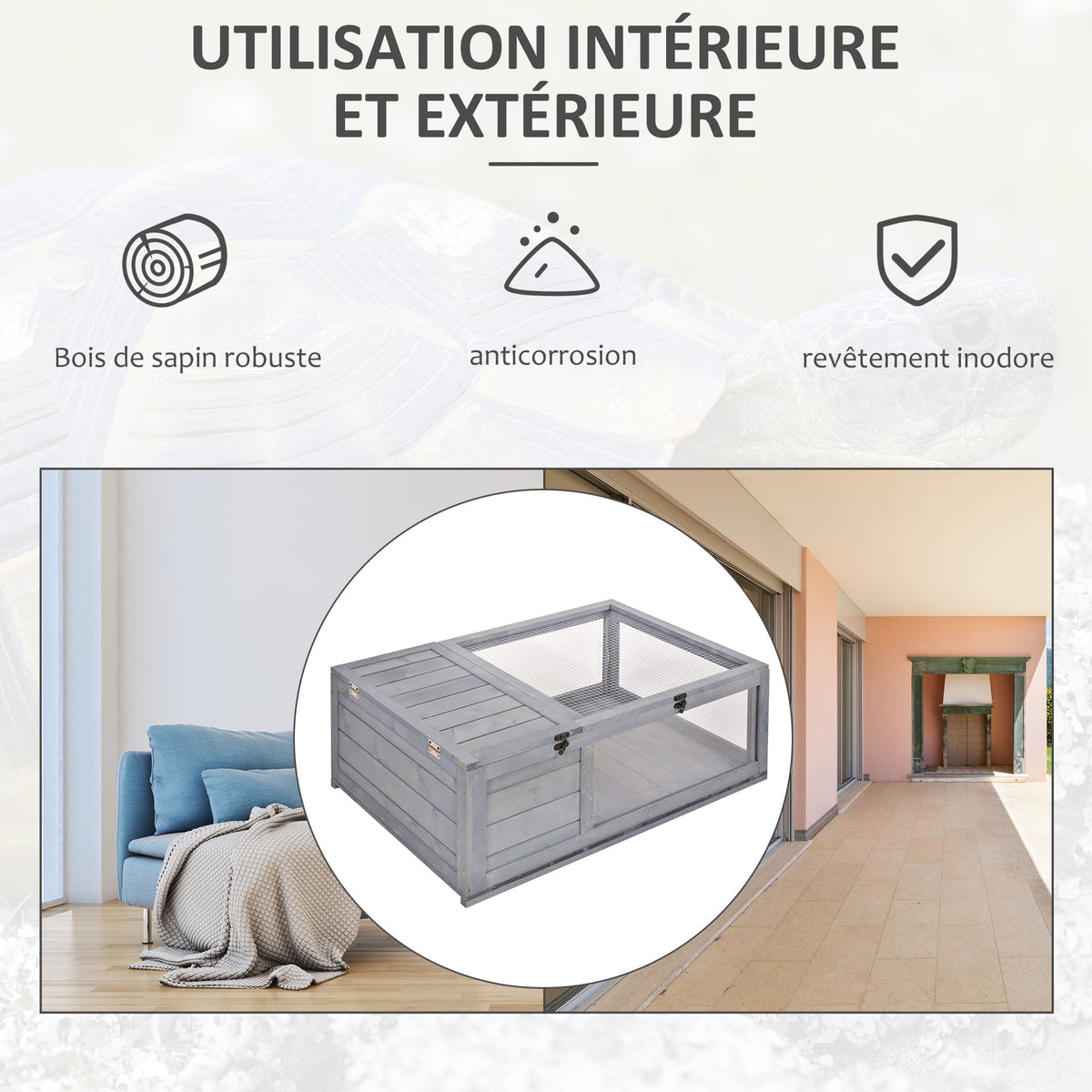 Maison enclos cage habitat pour petit animal tortues avec 2 espaces 91 x 60,5 x 32 cm bois massif gris - Alma Nova Care