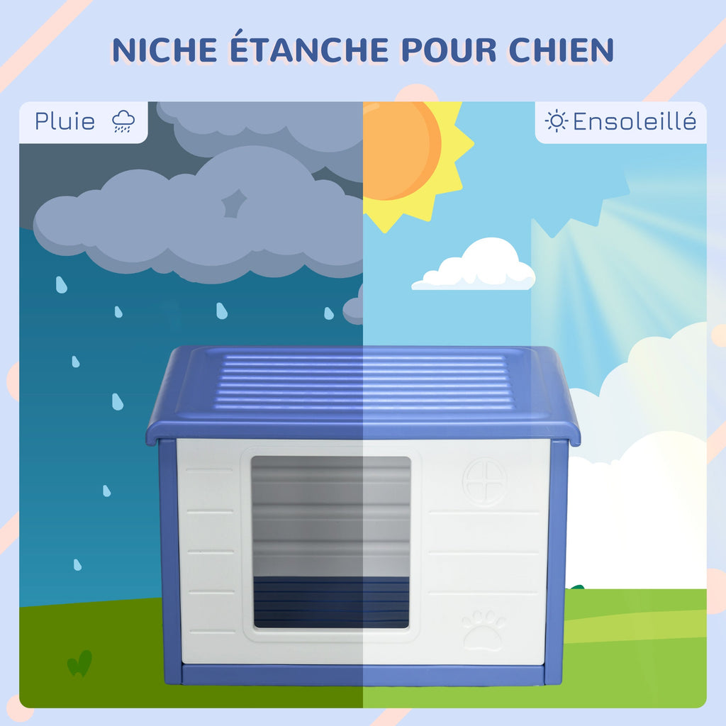 Niche pour chien extérieure en plastique maison pour chiens avec bouches d'aération bleu et blanc - Alma Nova Care
