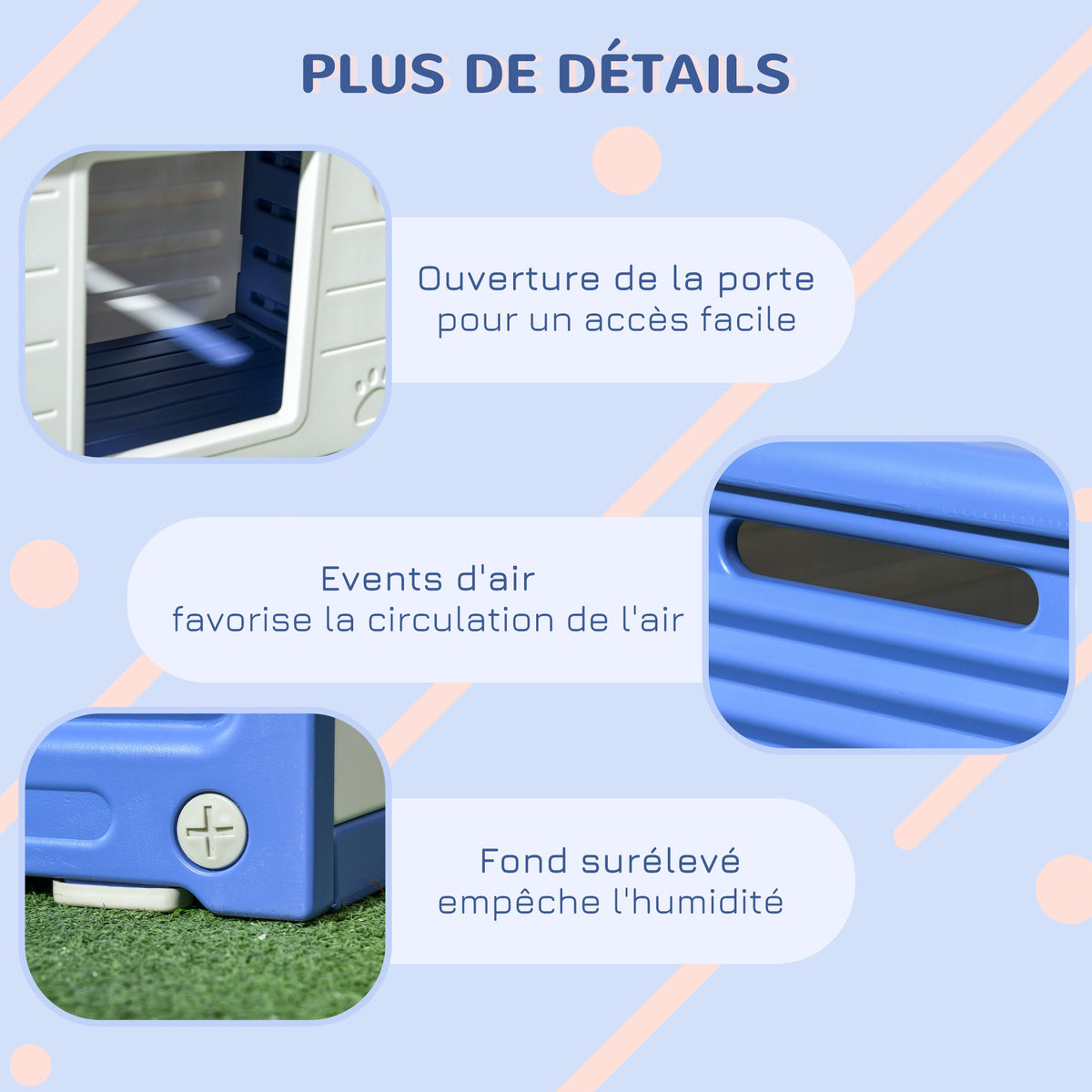 Niche pour chien extérieure en plastique maison pour chiens avec bouches d'aération bleu et blanc - Alma Nova Care