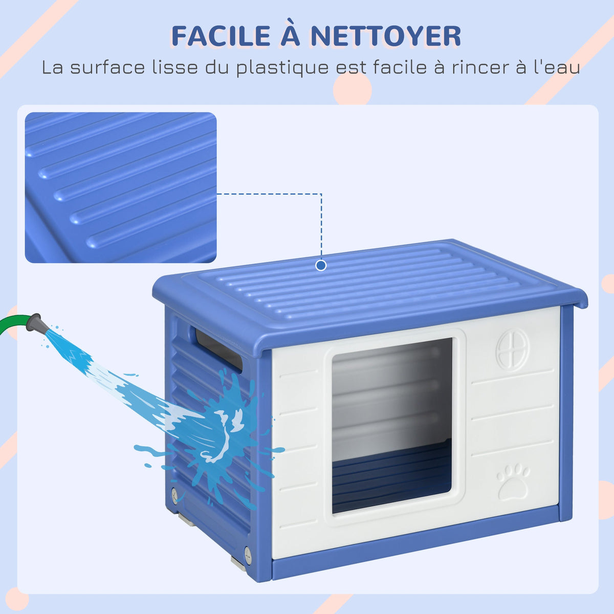 Niche pour chien extérieure en plastique maison pour chiens avec bouches d'aération bleu et blanc - Alma Nova Care
