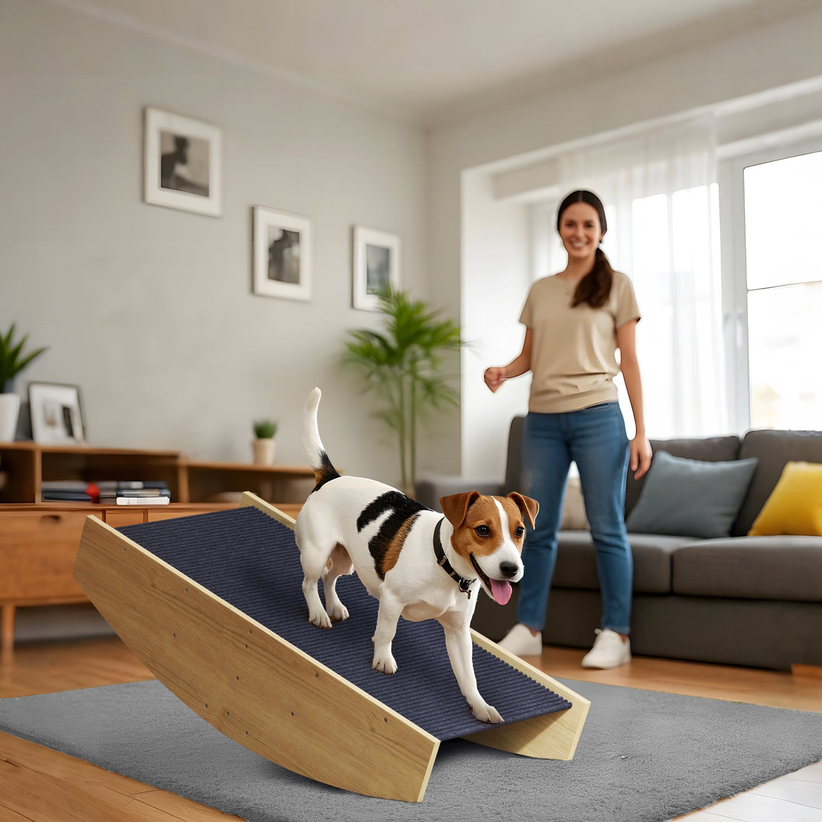 Omkeerbare wankelplank voor honden agility 2-in-1 hondentrap met 3 treden van hout 80x39,5x20cm, naturel hout