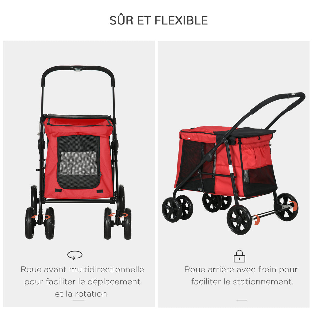 Poussette pliable animaux chien chat coussin inclus roues avec frein tissu 600D Oxford 102 x 62 x 105 cm rouge