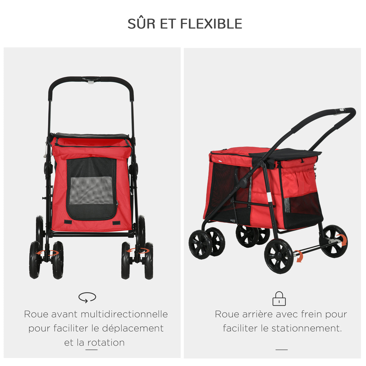 Poussette pliable animaux chien chat coussin inclus roues avec frein tissu 600D Oxford 102 x 62 x 105 cm rouge